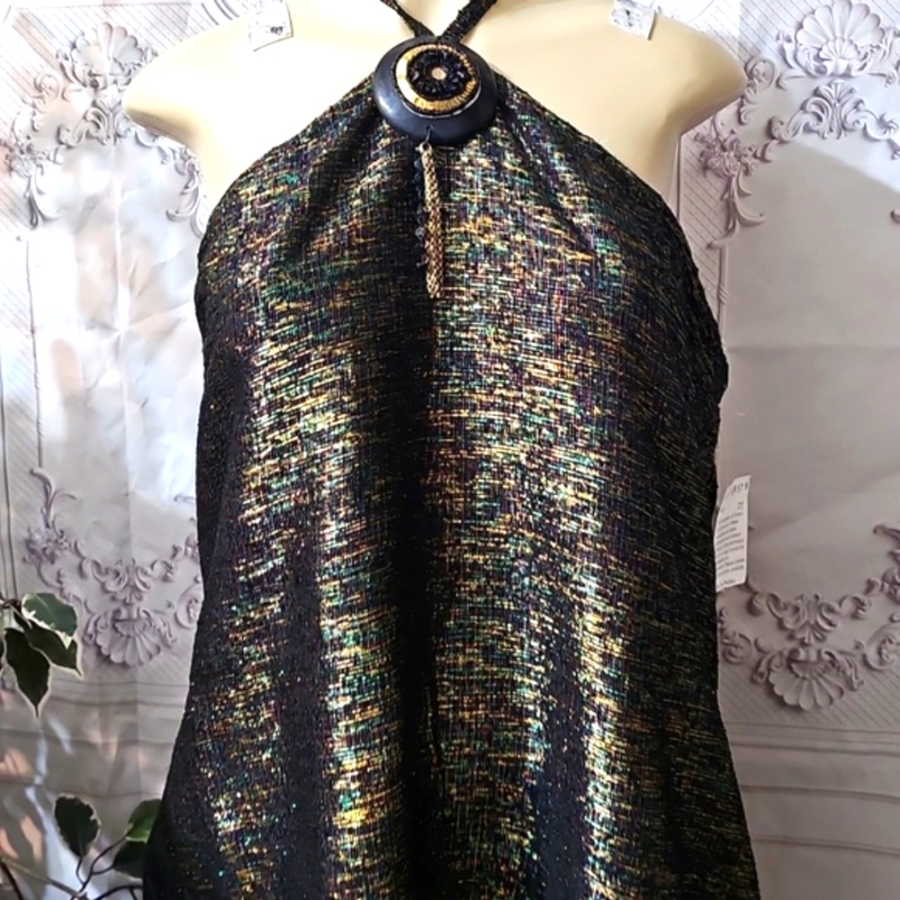 Molato Made in India Black and Gold Halter Maxi  Dress 2X